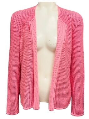 CHANEL PINK / RED LATTICE LUREX CASHMERE KNIT OPEN FRONT CARDIGAN SWEATER WITH G